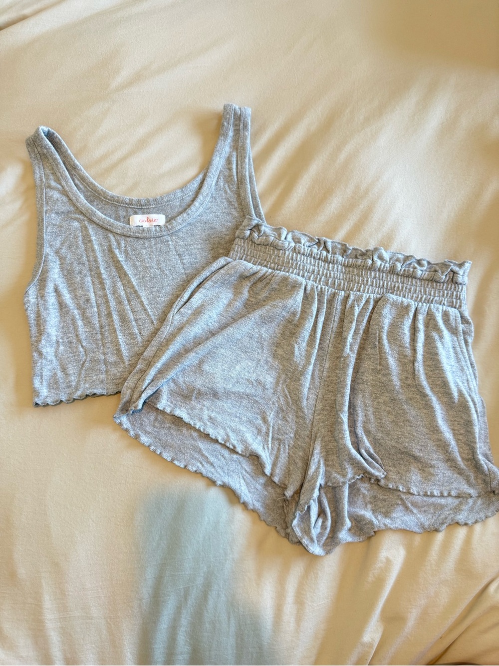 Colsie Light Gray Ribbed Tank & Ruffle Waist Sleep Shorts